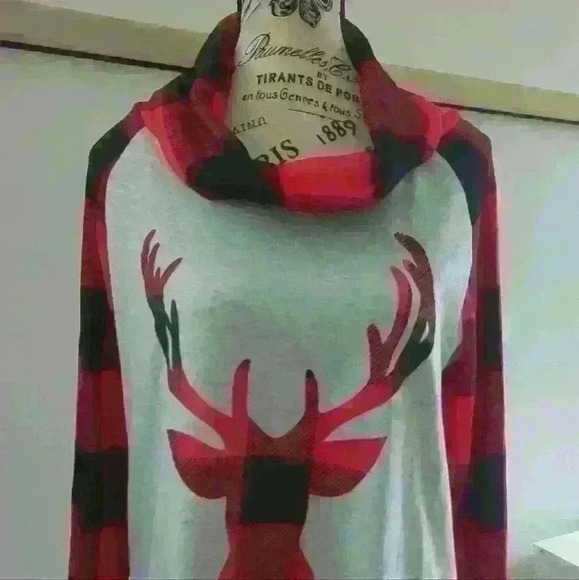 FOR G AND PL | Women's Grey w/ Black/Red Plaid  Reindeer Cowl Neck Tunic Sweater - Picture 2 of 4